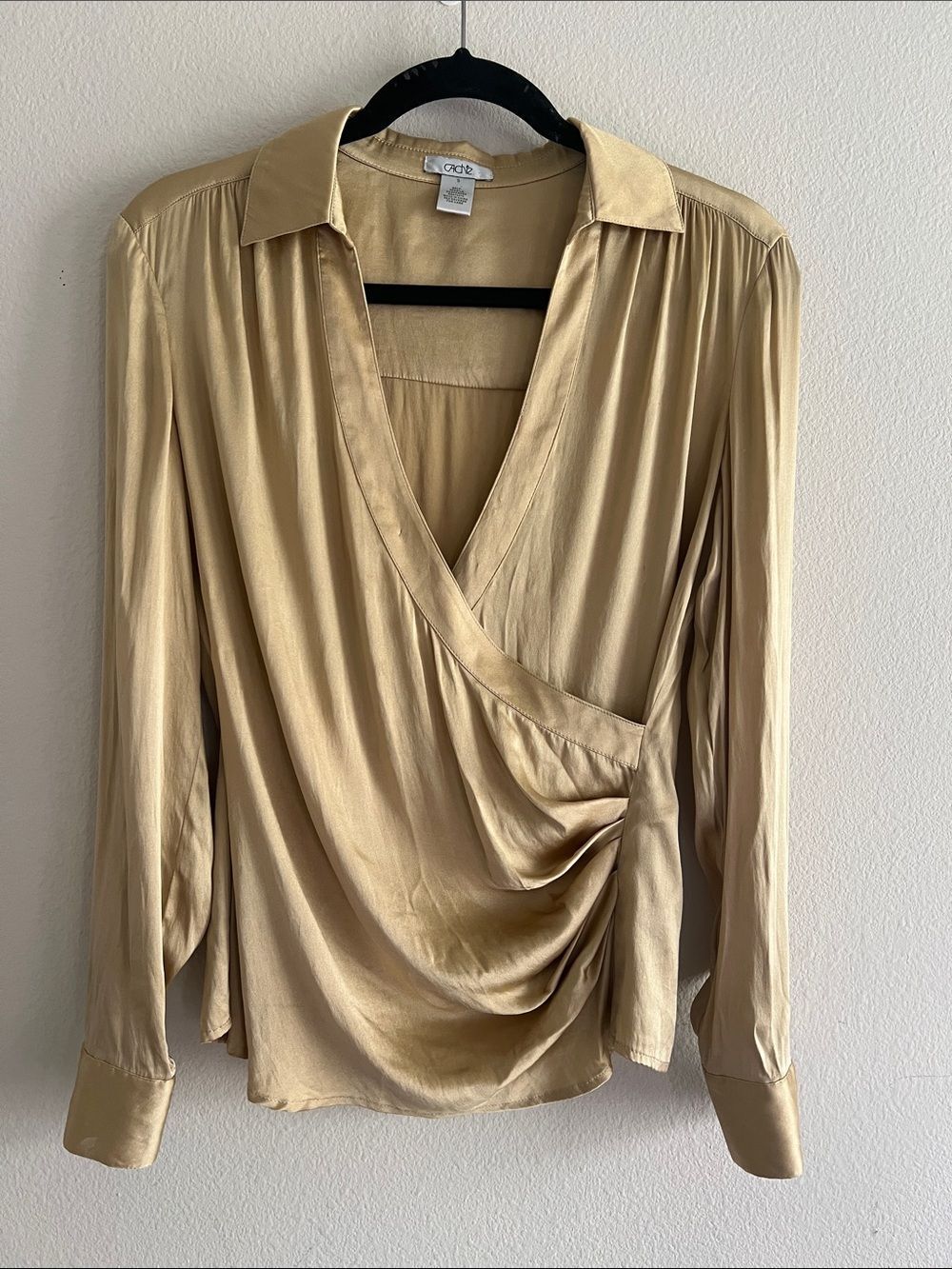 Cache 95% Silk Blouse S Gold Champagne Draped Wrap Y2K 90s Going Out